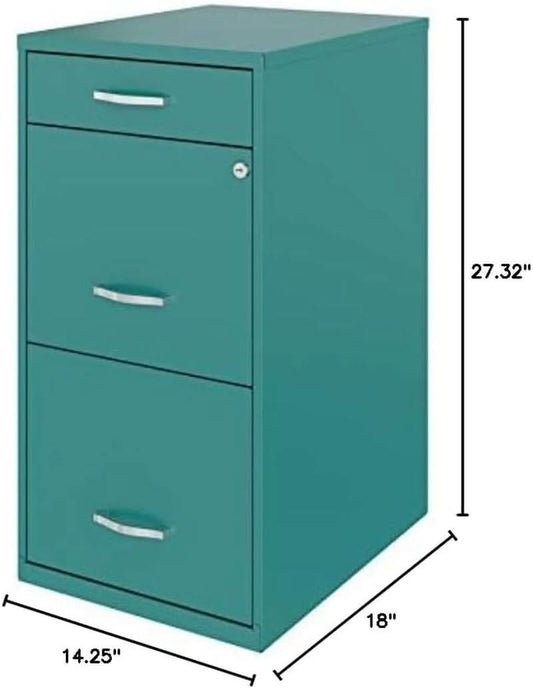 Turquoise Metal 3 Drawer Vertical Filing Cabinet Lockable 27.32 Inch Pre Assembled For Home Or Office