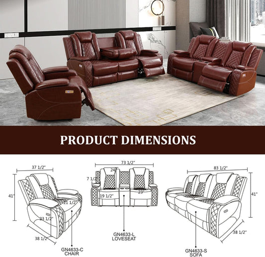 Power Reclining Leather Sofa Set With USB Ports Burgundy