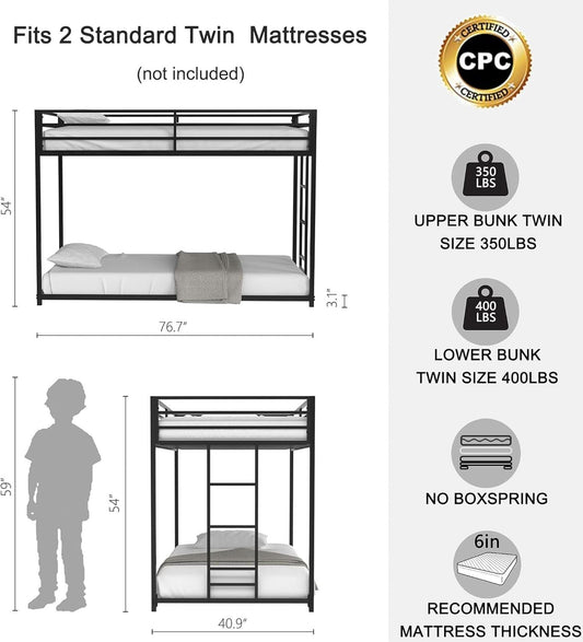Twin Bunk Bed Black With Stable Ladder For Adults And Teens