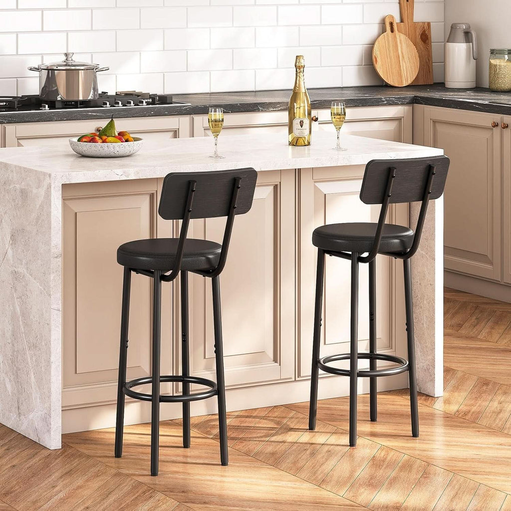 26 Inch Black PU Upholstered Bar Stools Set Of 2 With Back And Footrest
