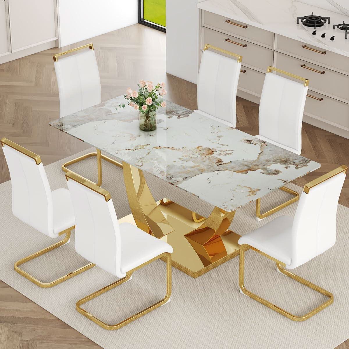 71 Inch Faux Marble Dining Table Tempered Glass Top
