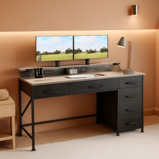 47 Inch Grey Gaming Desk With LED Lights And Drawers