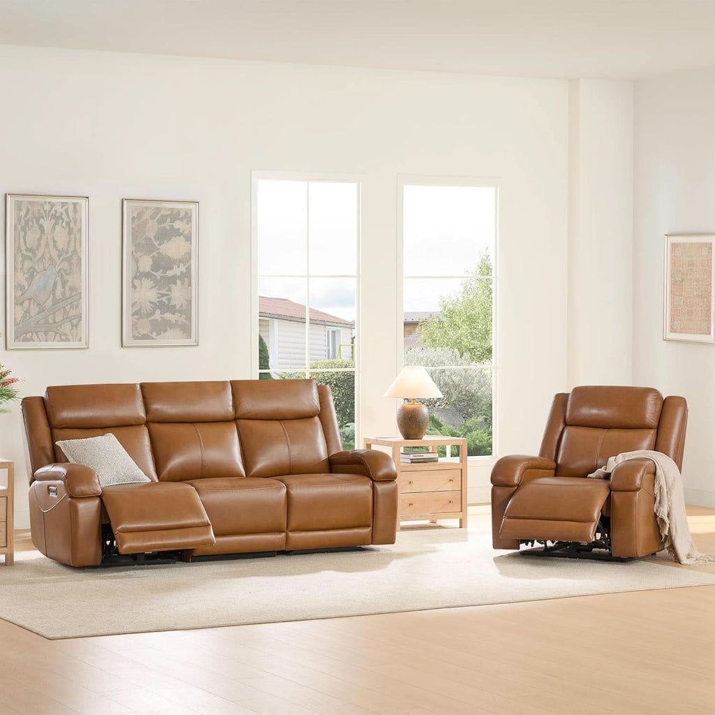 Genuine Leather Power Recliner Sofa 3 Seater USB Ports