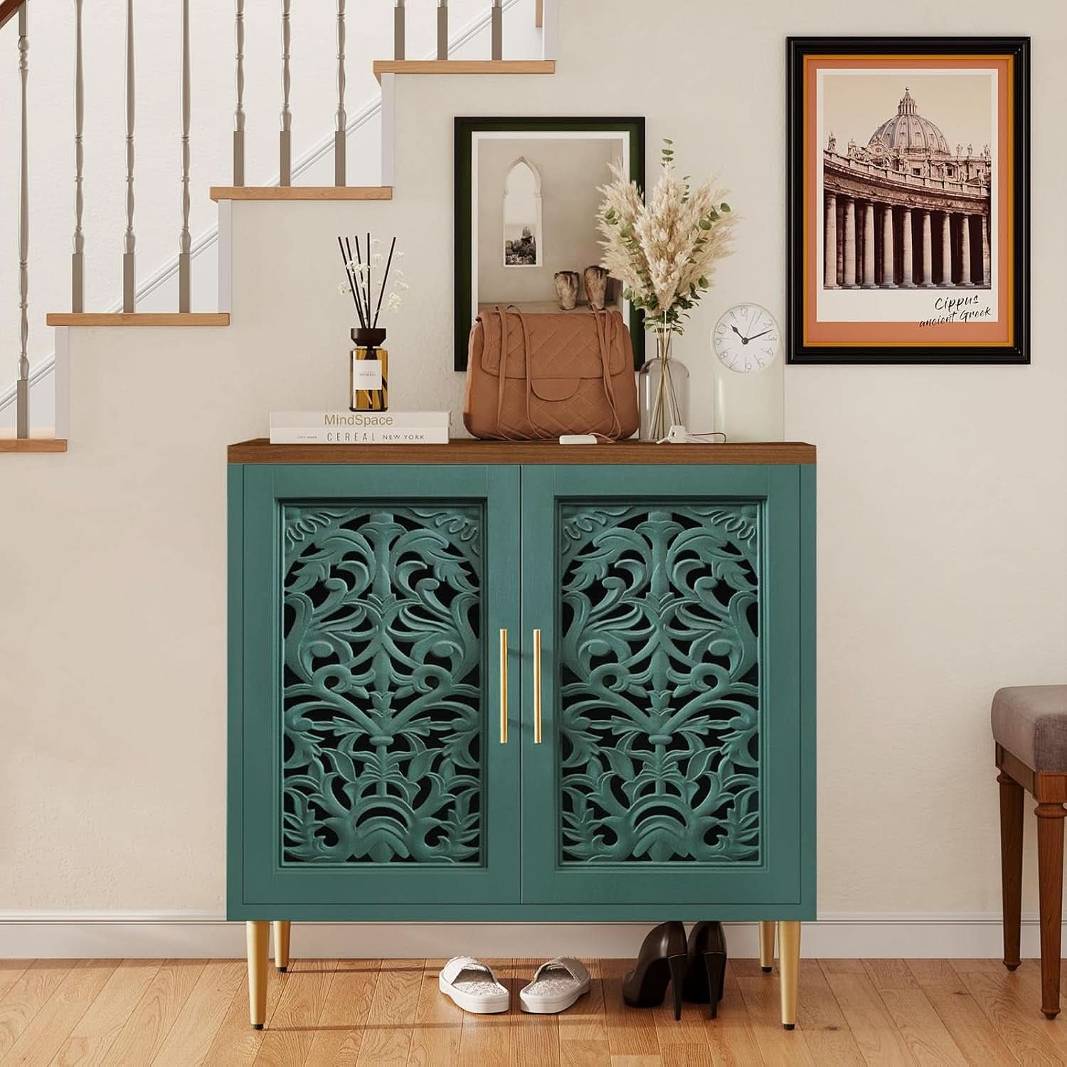 Green Accent Cabinet Carved Storage Vintage Furniture