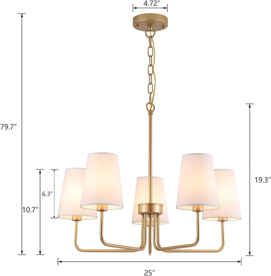 Five Light Gilded Farmhouse Chandelier With White Shades