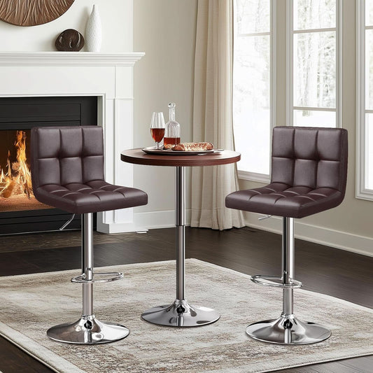 Bar Stools Set Of 2 Adjustable PU Leather Swivel Brown