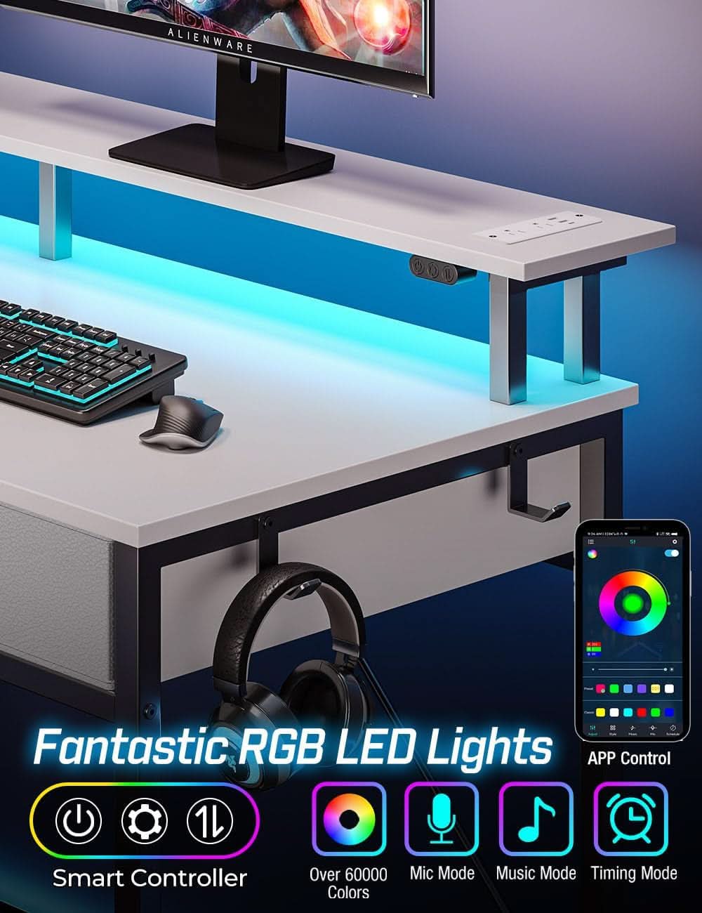 47 Inch White Computer Desk With Power Outlets And LED