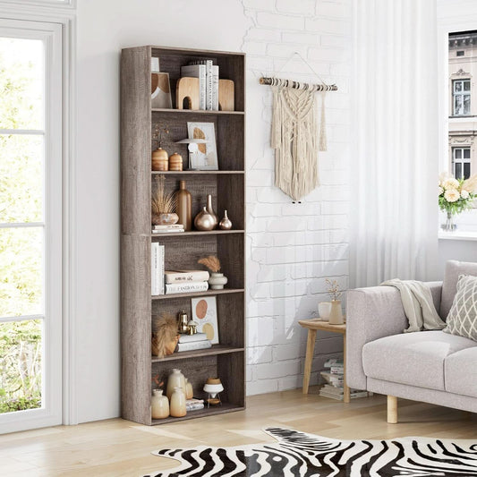 6 Tier Open Bookcase Gray Freestanding For Bedroom Space