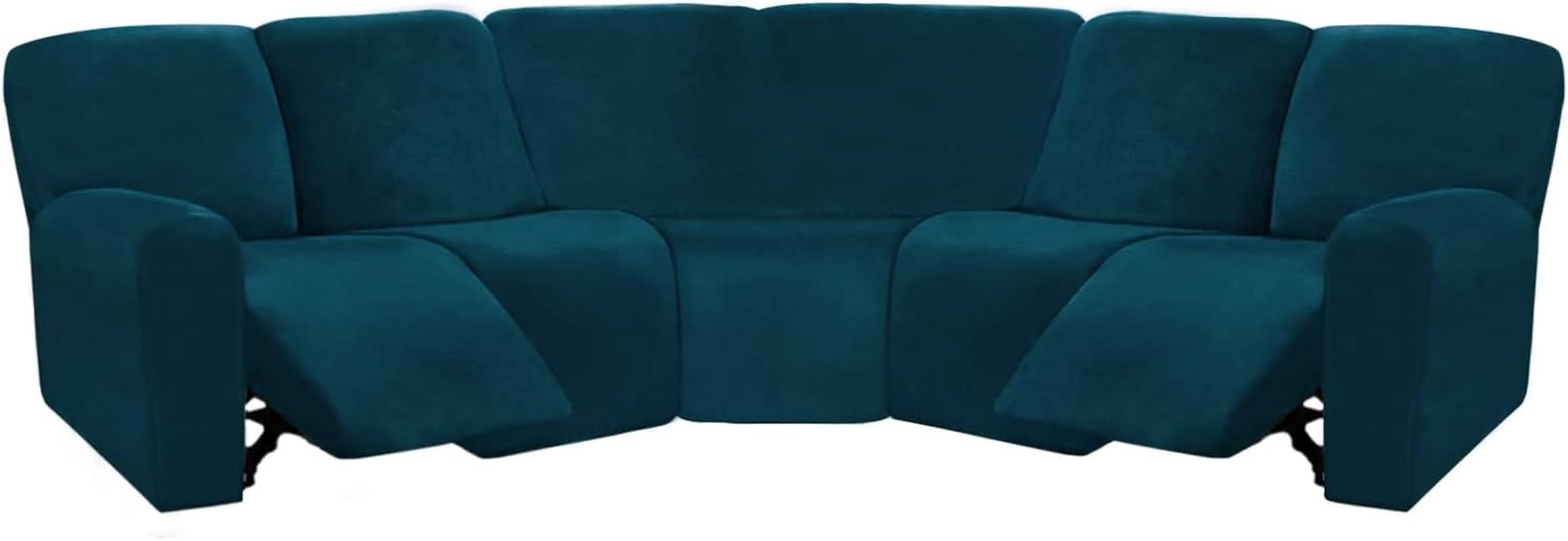 Velvet Seven Piece Sectional Recliner Sofa Cover Deep Teal