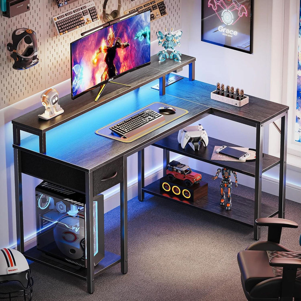47 Inch L Shaped Desk With Led Lights And Power Outlets Grey