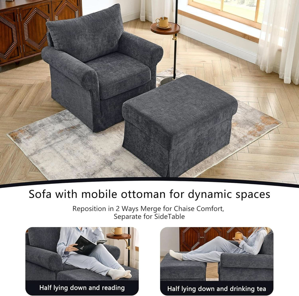 Gray 35 Inch Accent Chair With Ottoman And Chaise Lounge