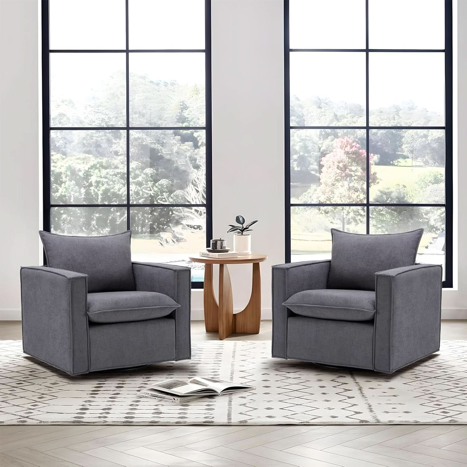 Grey Upholstered Swivel Armchair Twin Pack LivingRoom