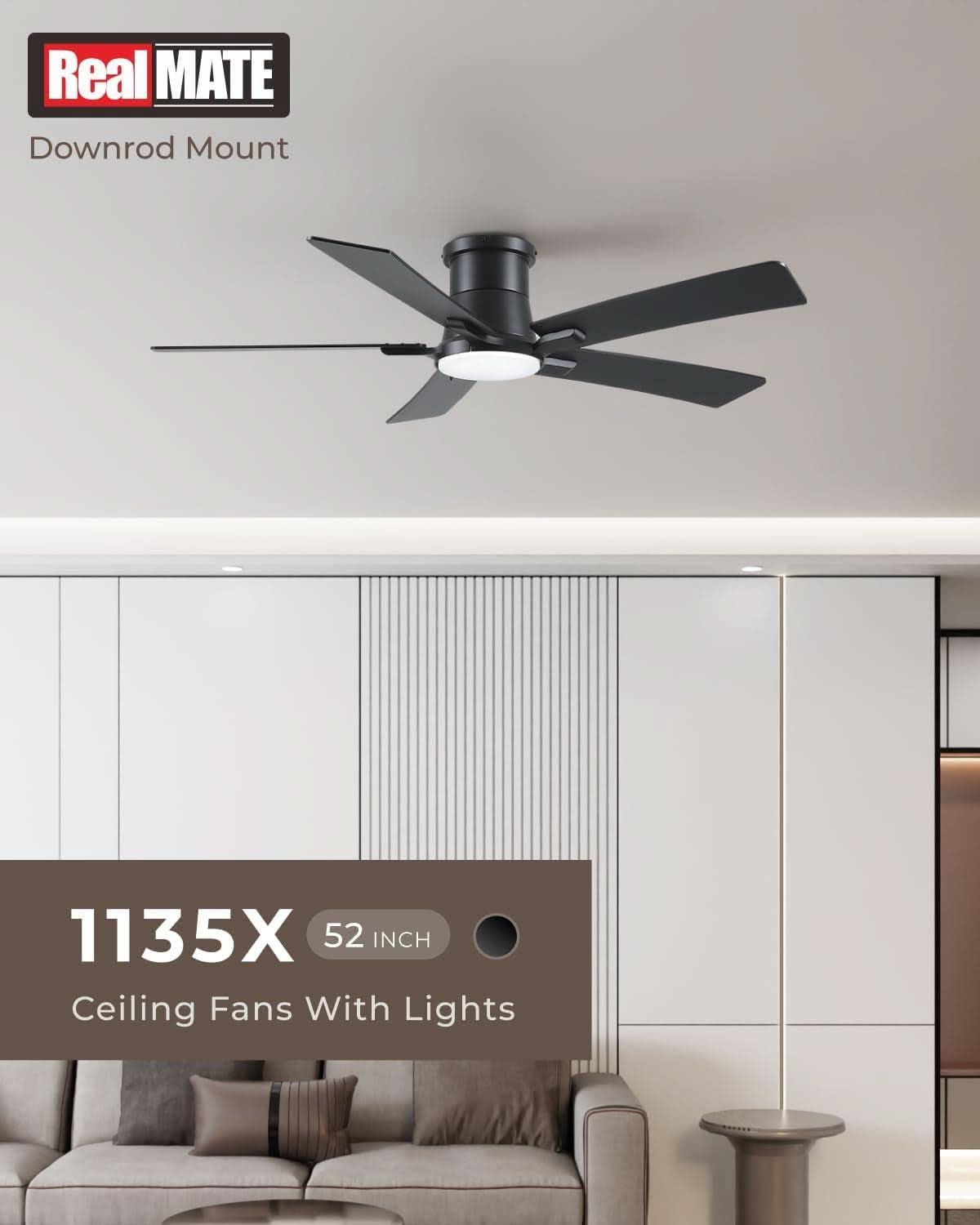 52 Inch Matte Black Flush Mount Ceiling Fan With Lights