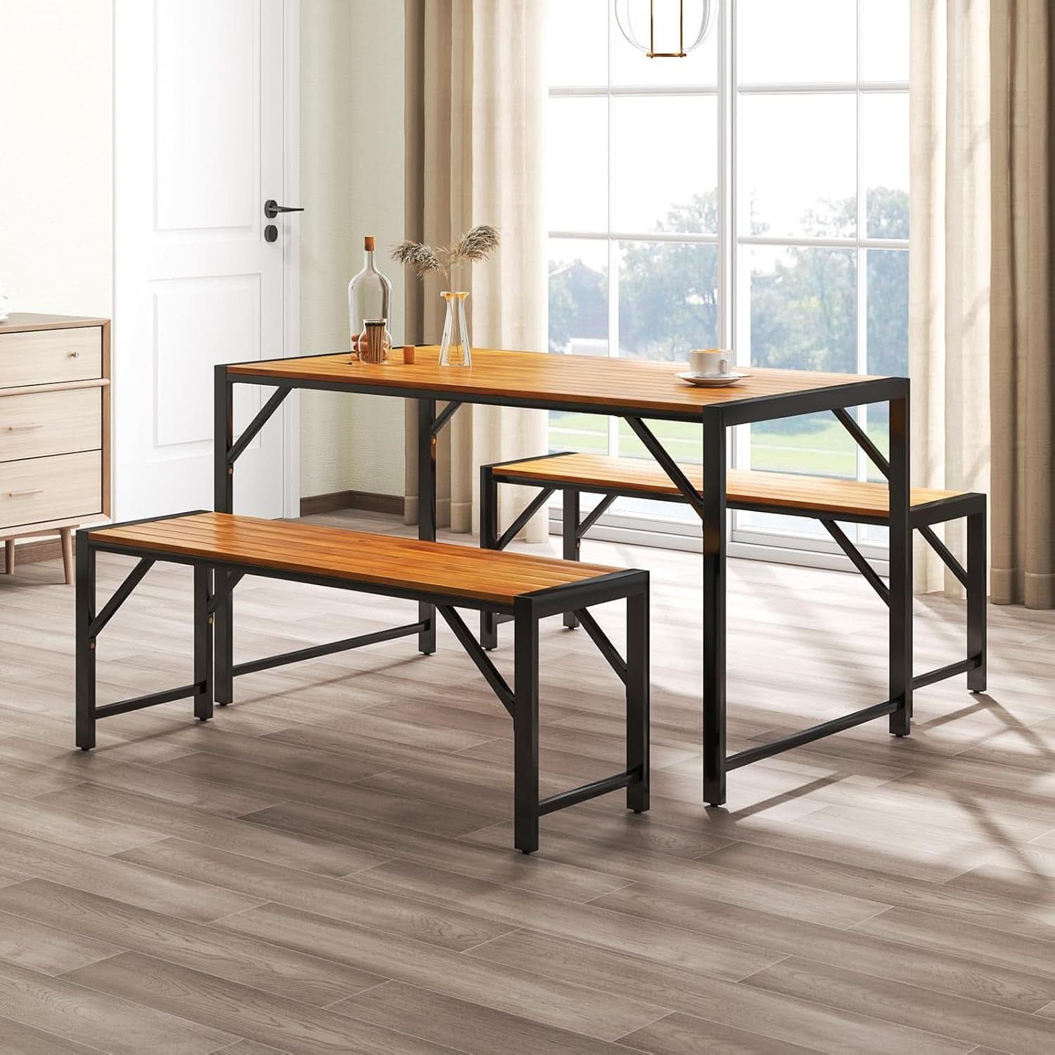 3 Piece Patio Dining Set For Six With 53 Inch Acacia Wood Table And Space Saving Benches