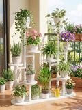 8-Tier Metal & Wood Plant Stand, Multi-Level Indoor Outdoor Flower Shelf, Tall Corner Planter Rack