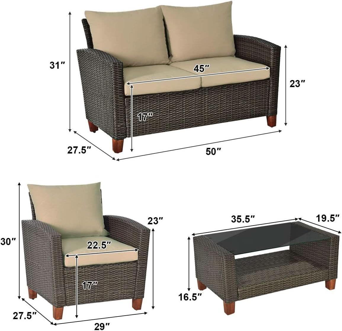 Patio Rattan Furniture Set 4 Piece Beige For Outdoor Use