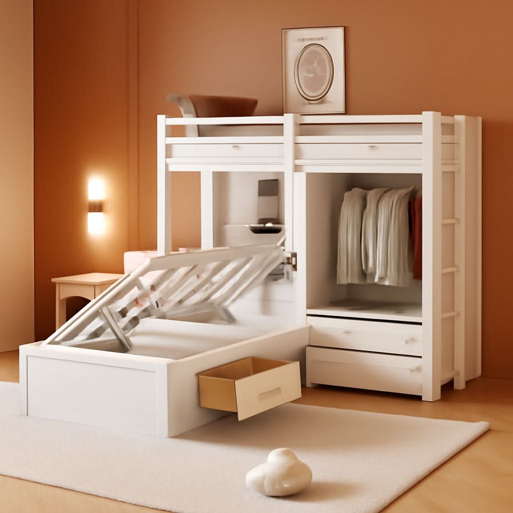 White Twin Over Twin Bunk Bed With Drawers And Wardrobe