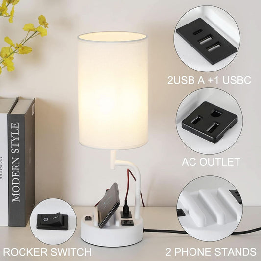 Table Lamp With 3 USB Ports White Finish For Home Office