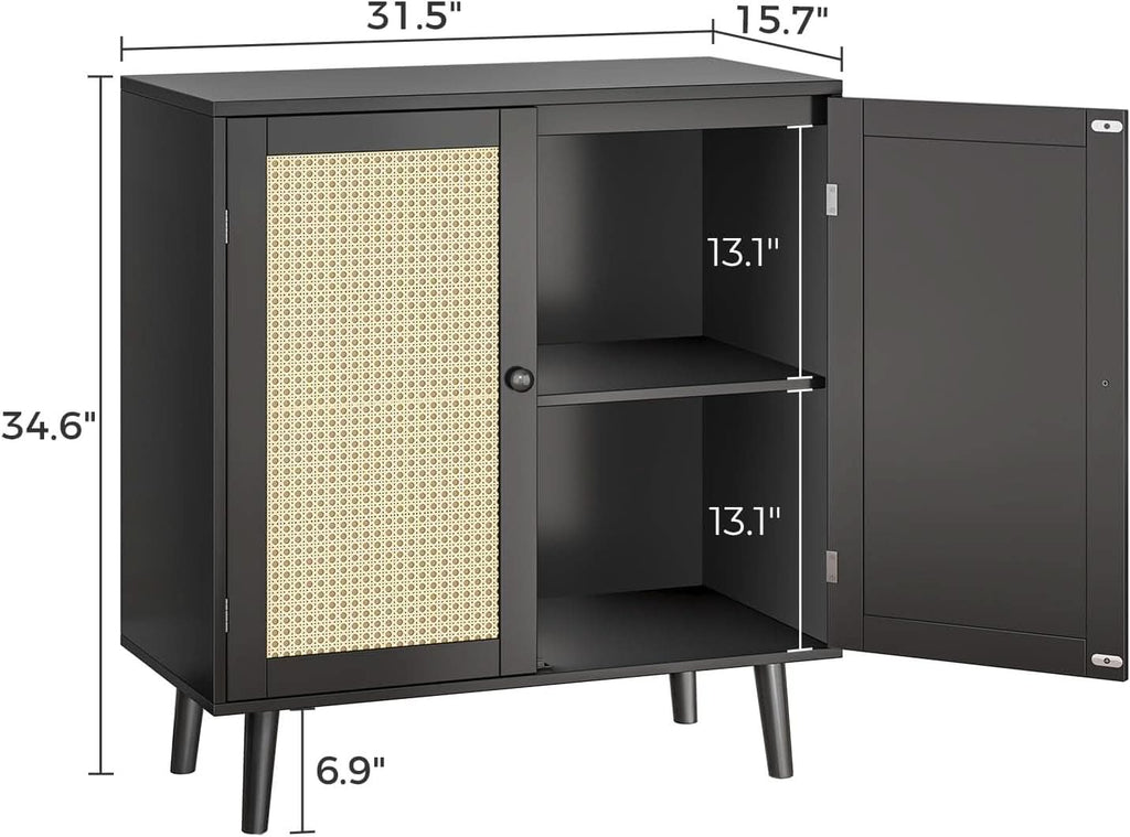 Buffet Cabinet With Black Finish And Rattan Doors Storage
