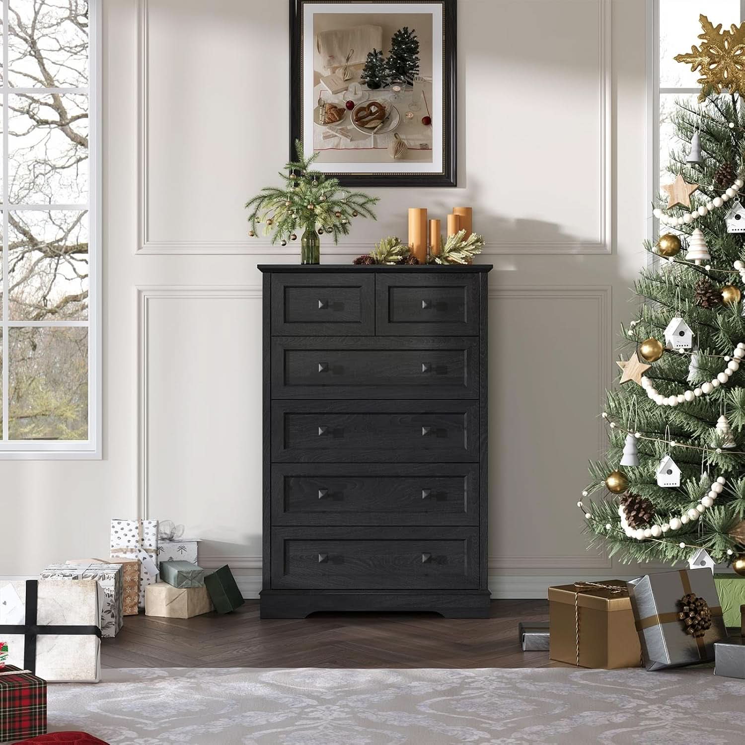 Tall Black Six Drawer Dresser Contemporary Storage