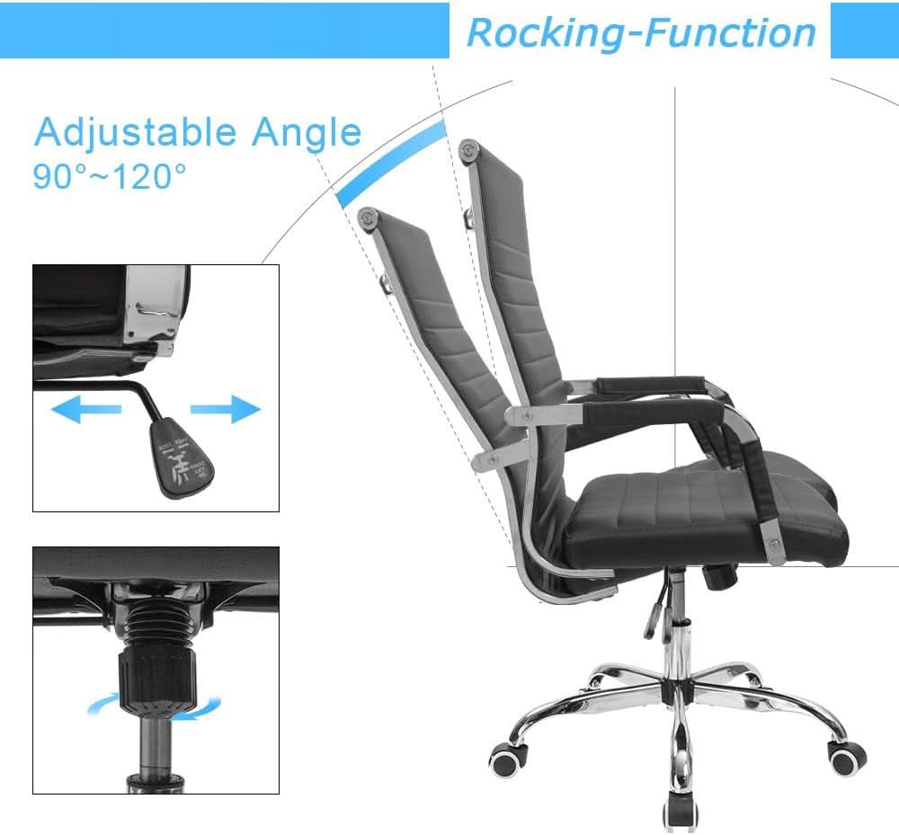 Ribbed Mid Back PU Leather Desk Chair Adjustable Black