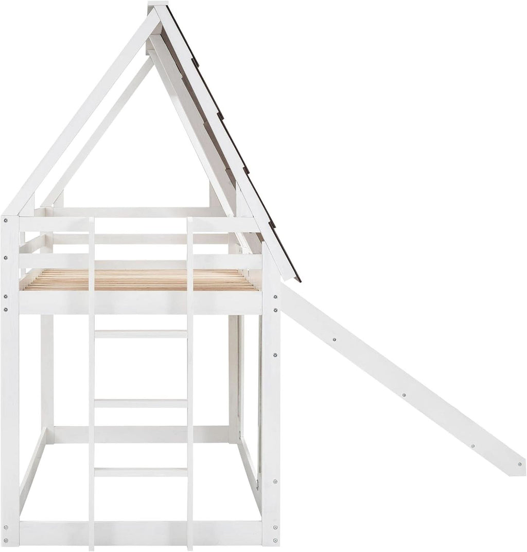 Twin Over Twin House Bunk Bed Frame White Brown With Roof
