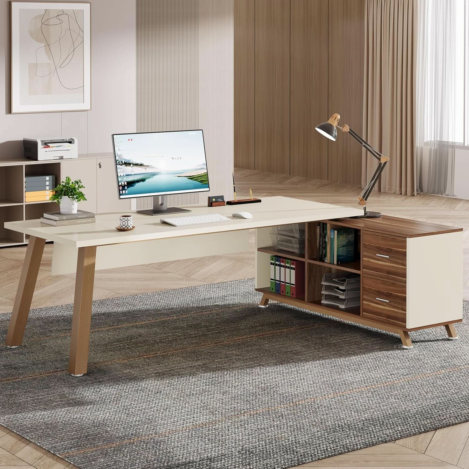 71 Inch Walnut White L Shaped Desk With 55 Inch Cabinet