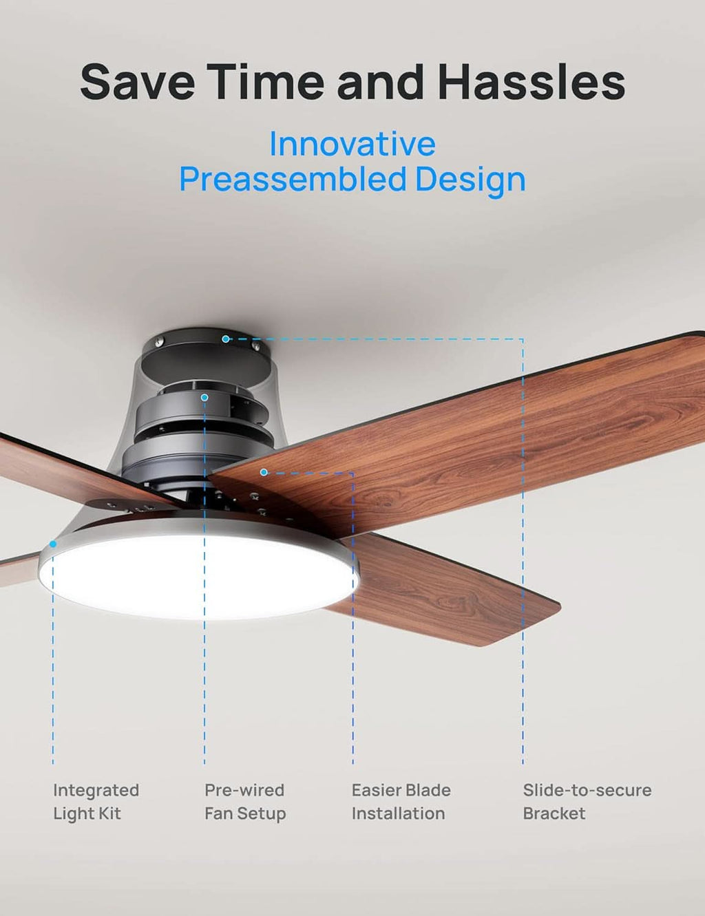 44 Inch Low Profile Black Ceiling Fan With Dimmable LED