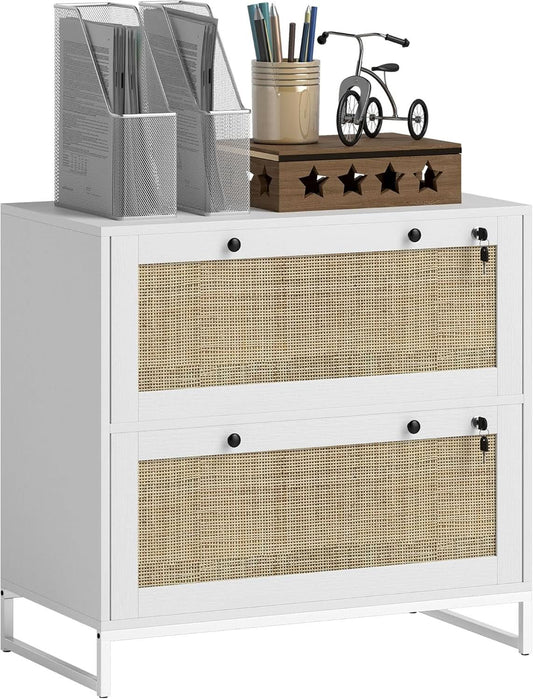 White Rattan 2 Drawer Locking Lateral File Cabinet