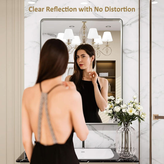 24 By 30 Inch Brushed Nickel Wall Mounted Bathroom Mirror Hangs Horizontally Or Vertically