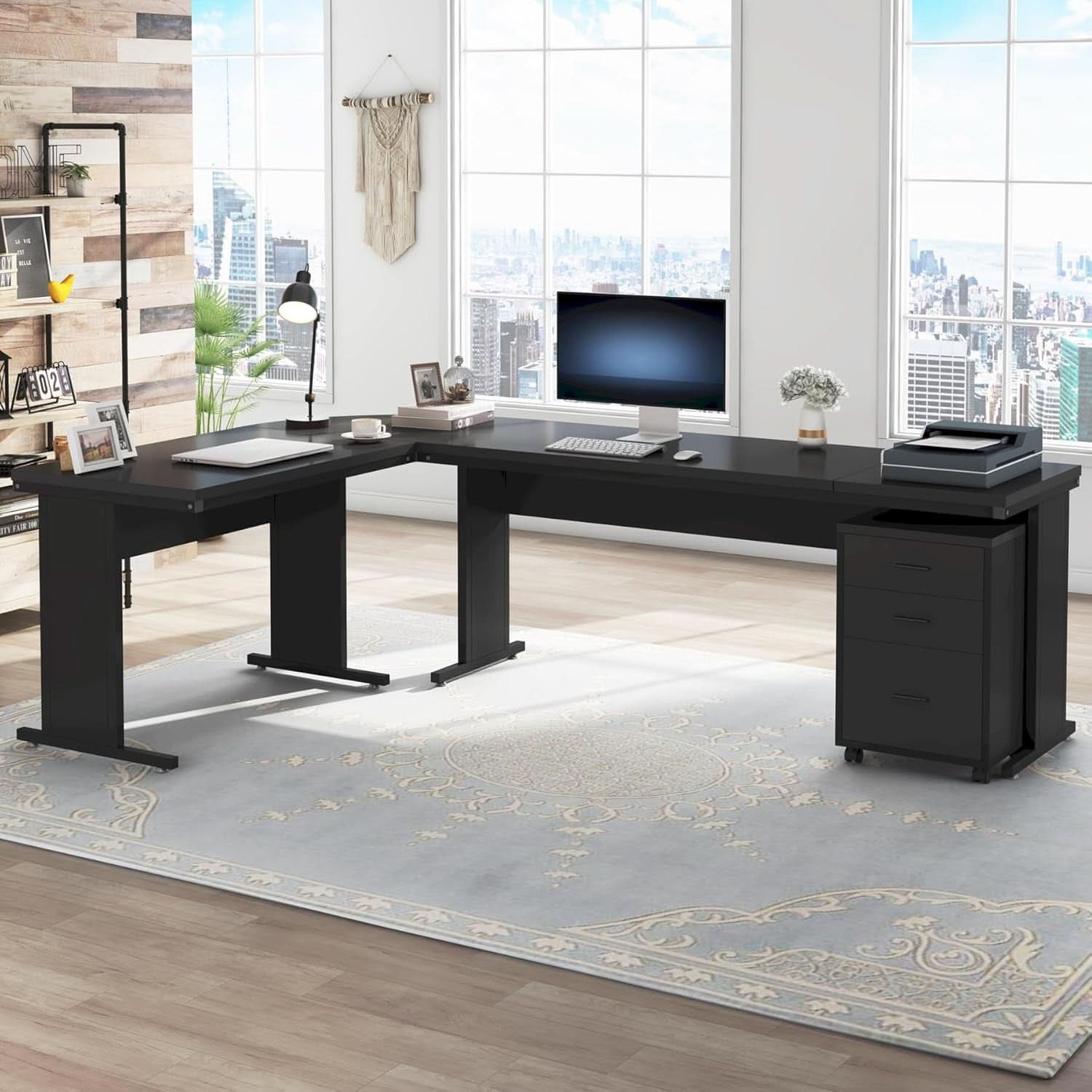 83 Inch L Shaped Executive Desk With 3 Drawer Cabinet