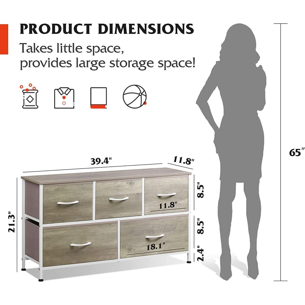 5 Drawer Wide Fabric Dresser Organizer With Wood Top