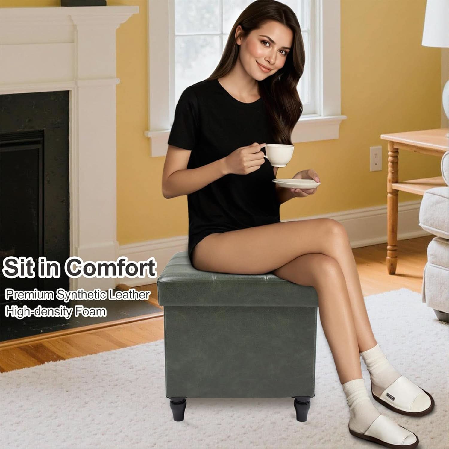 Green 15 Inch Storage Ottoman Bench for Living Room