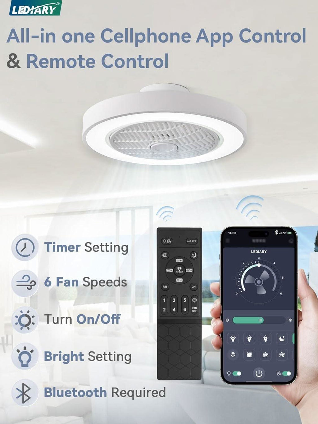 20 Inch Bladeless Ceiling Fan With Remote And Color Temperature Adjustable Ambient Lighting