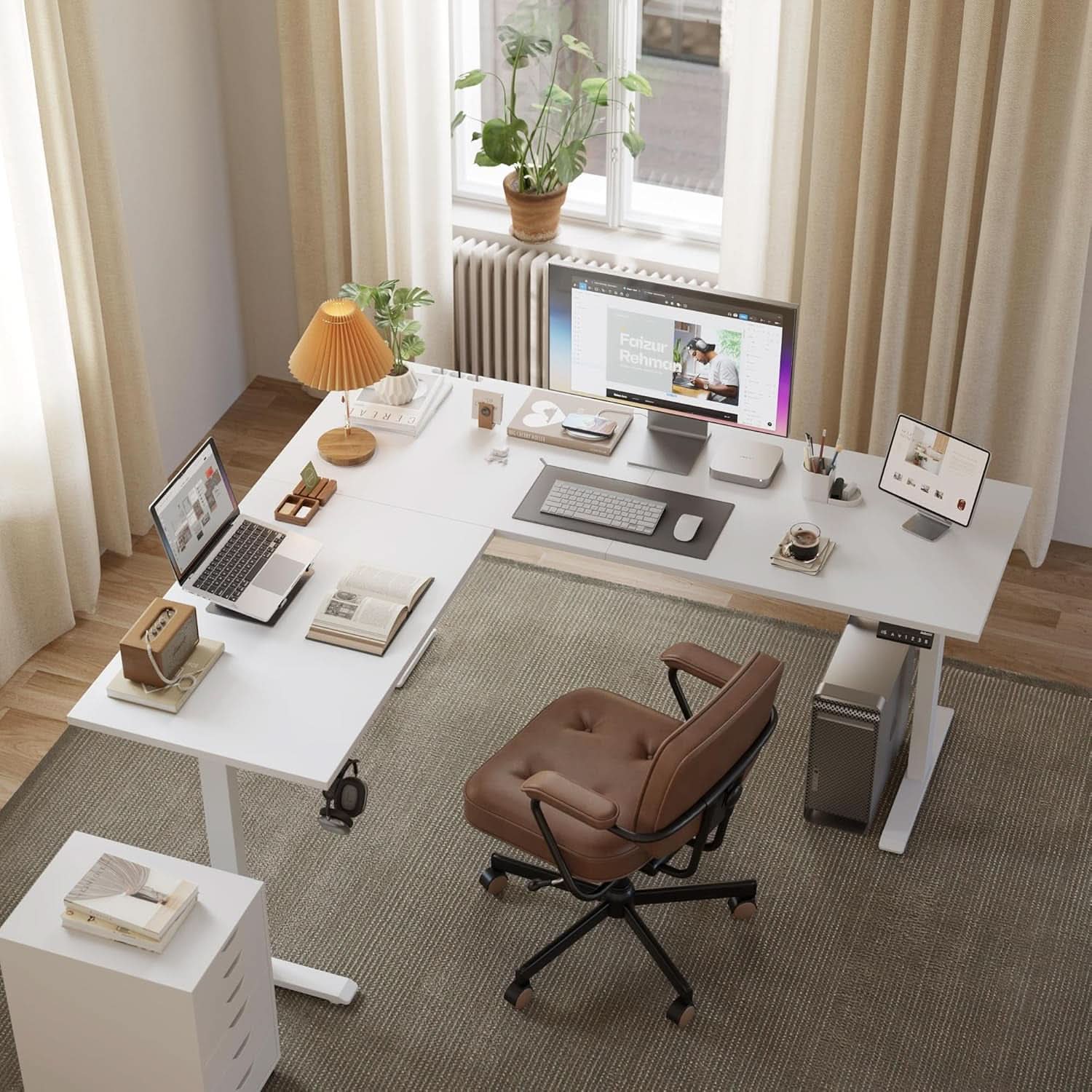 Electric L Shaped Standing Desk 63X55 White Sit Stand