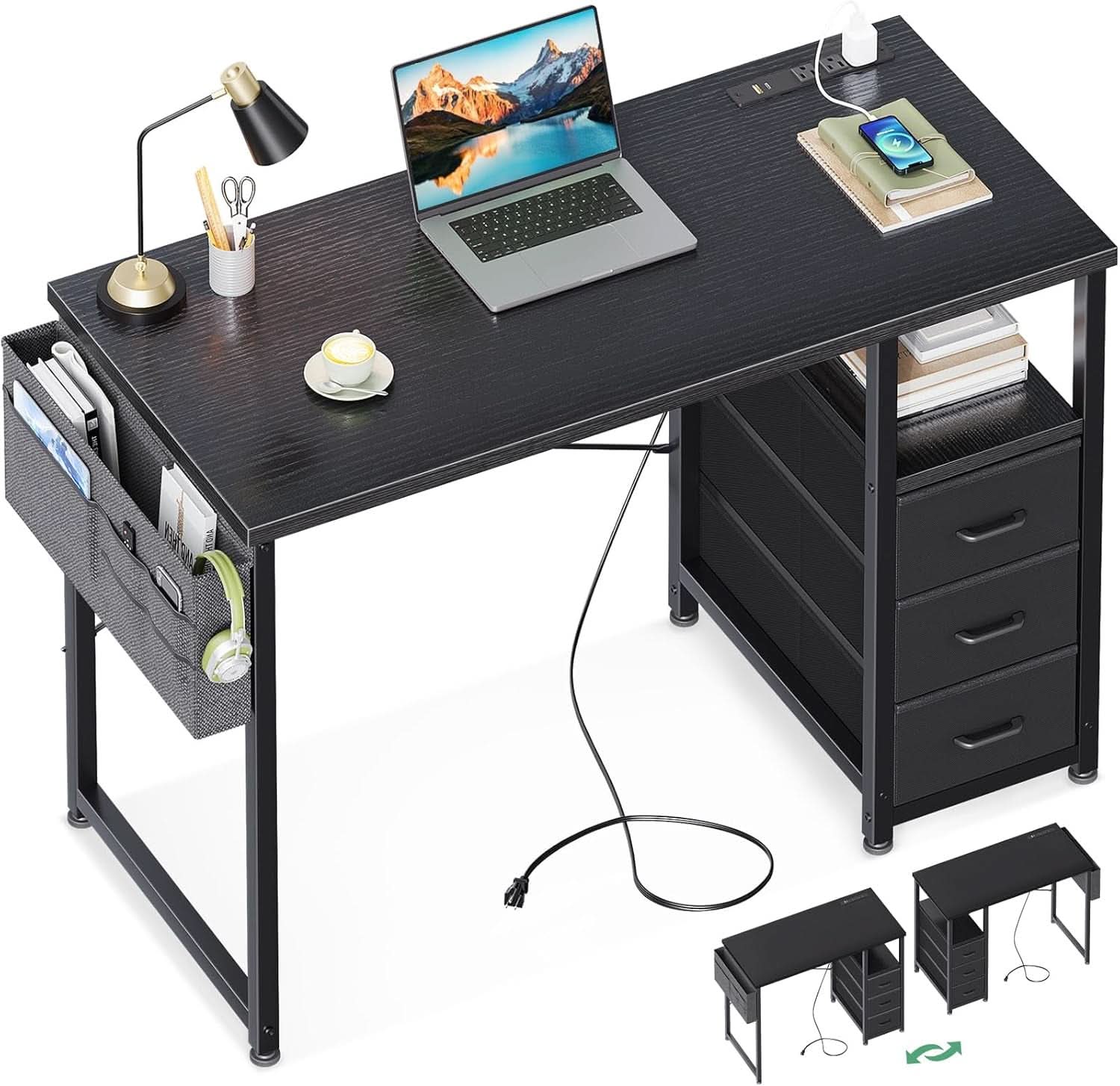 40 Inch Computer Desk With Fabric Drawers Charging Station