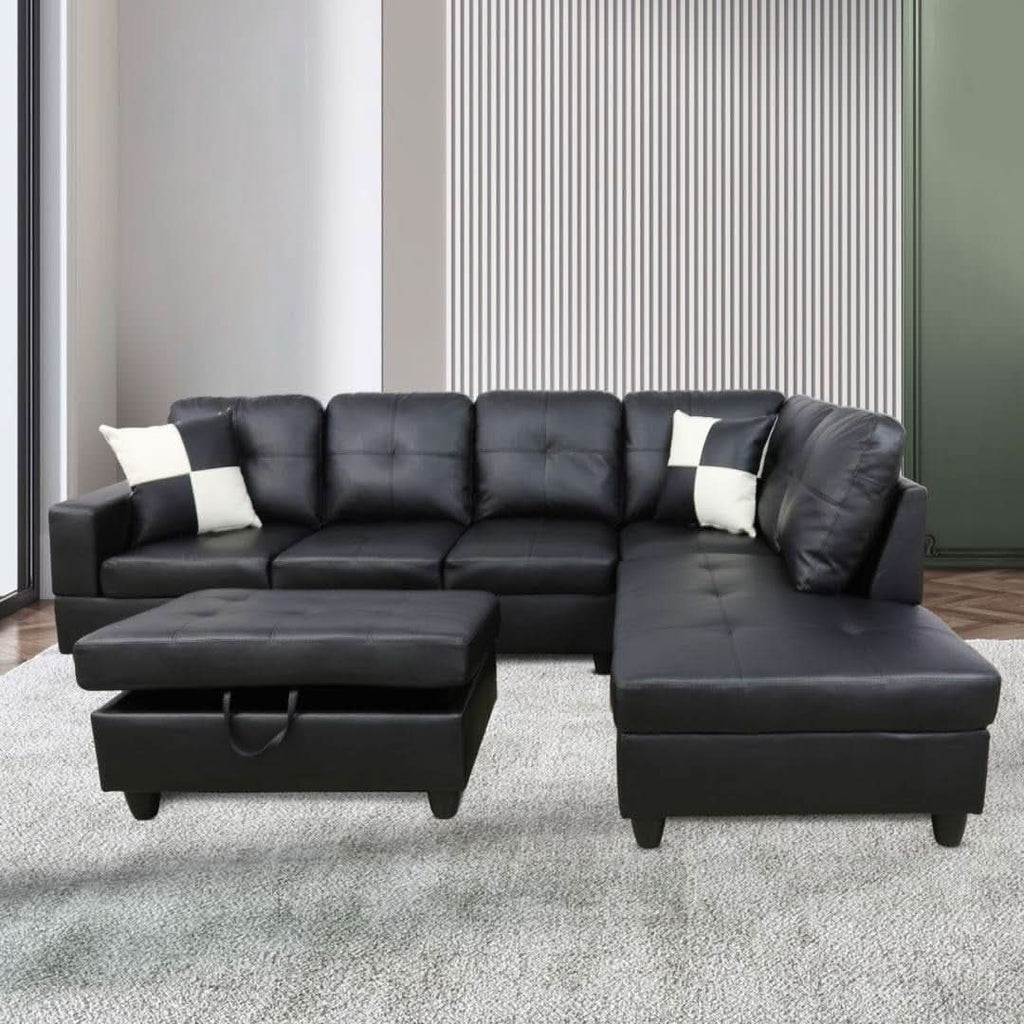 Black L Shaped 3 Piece Faux Leather Sofa Set With Storage Ottoman