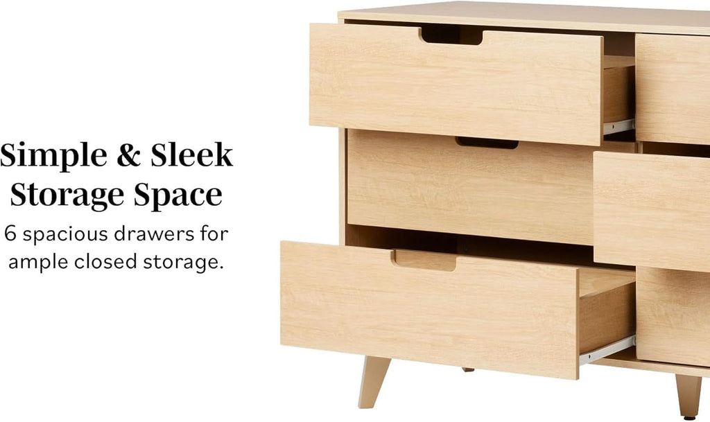 Mid-Century Modern 6-Drawer Dresser, 52 Inch Width