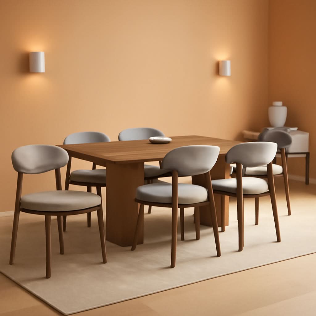 Wooden Dining Chairs Set Of 6 With Light Grey Upholstery