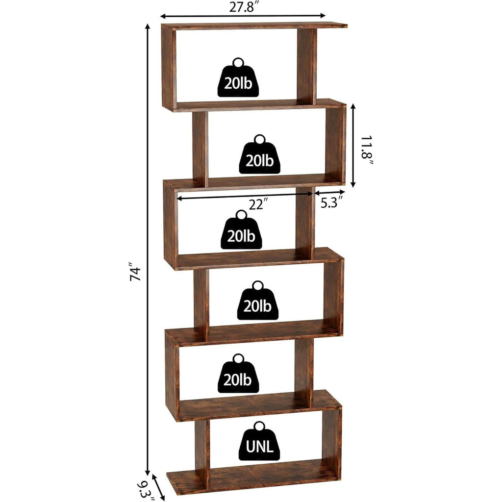 Geometric Bookcase 6 Tier S Shaped Rustic Brown Wood Shelf