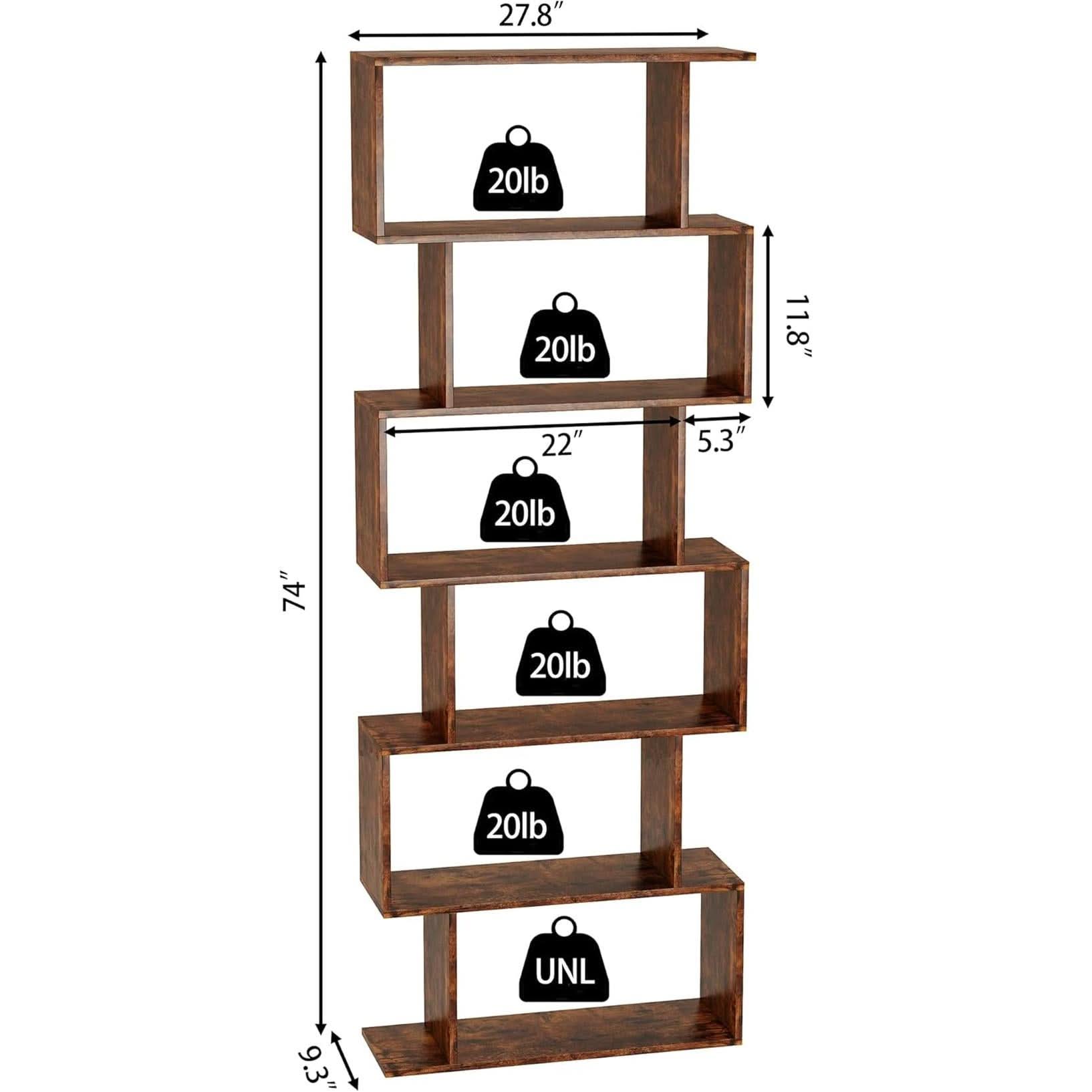 Geometric Bookcase 6 Tier S Shaped Rustic Brown Wood Shelf