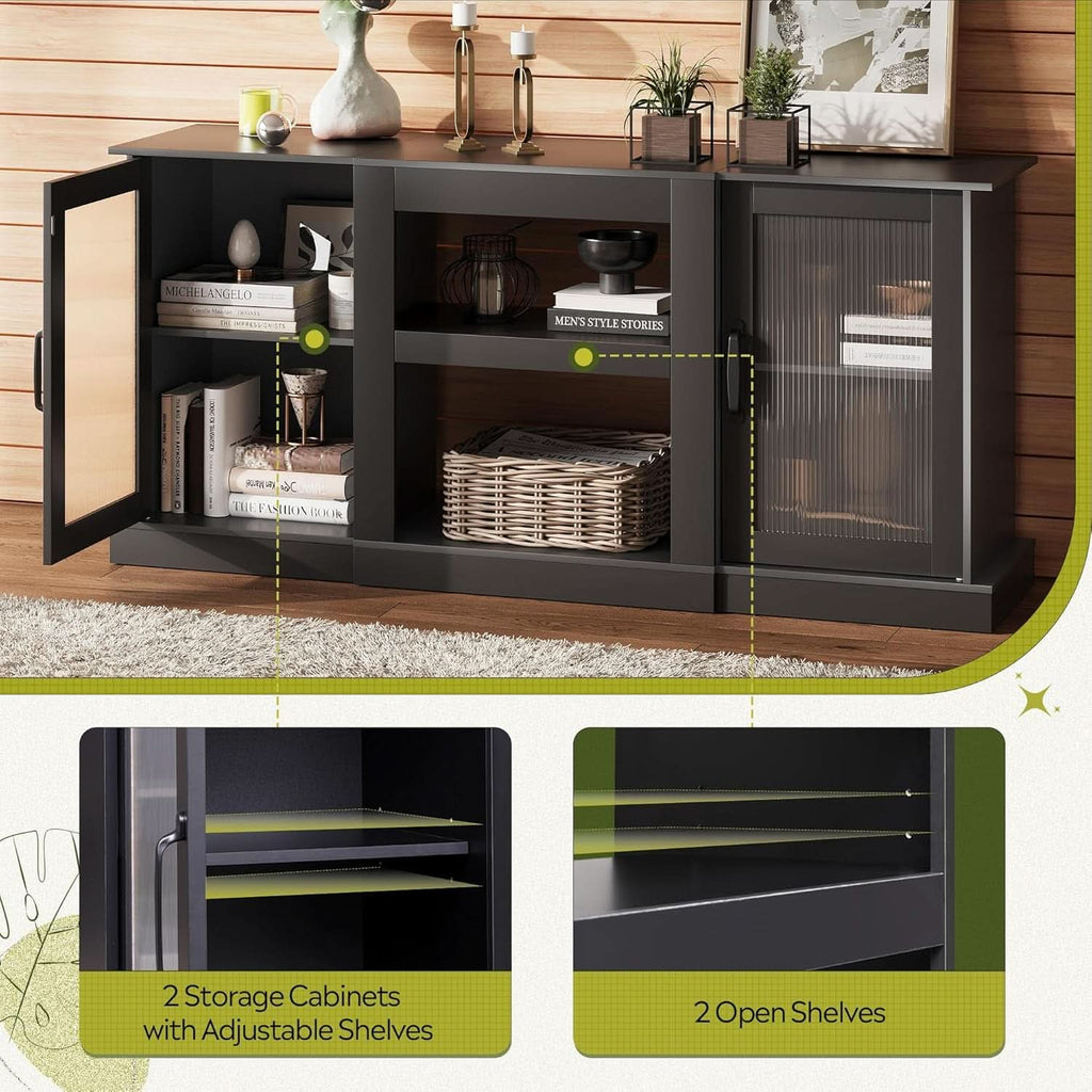 Retro TV Stand For 65 Inch TV With Storage And Open Shelves Black