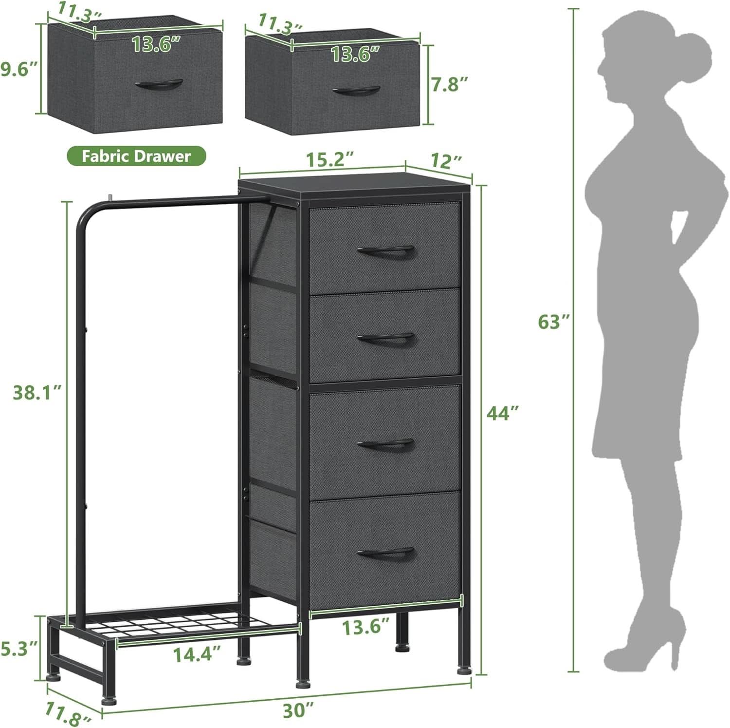 Dresser With Hanging Rack 44 Inch Tall Grey Four Drawer