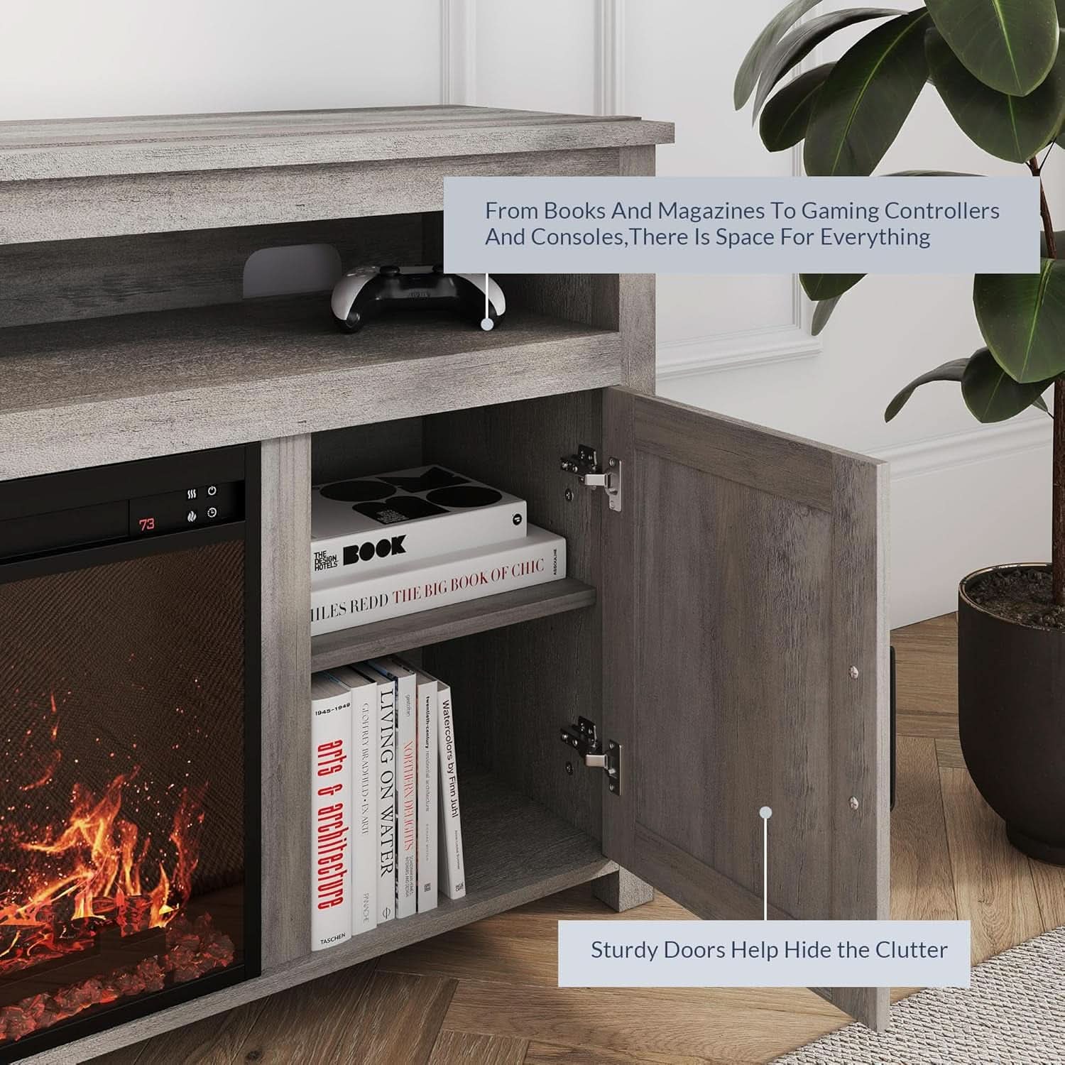 Barn Door Electric Fireplace TV Stand For 65 Inch TVs Gray