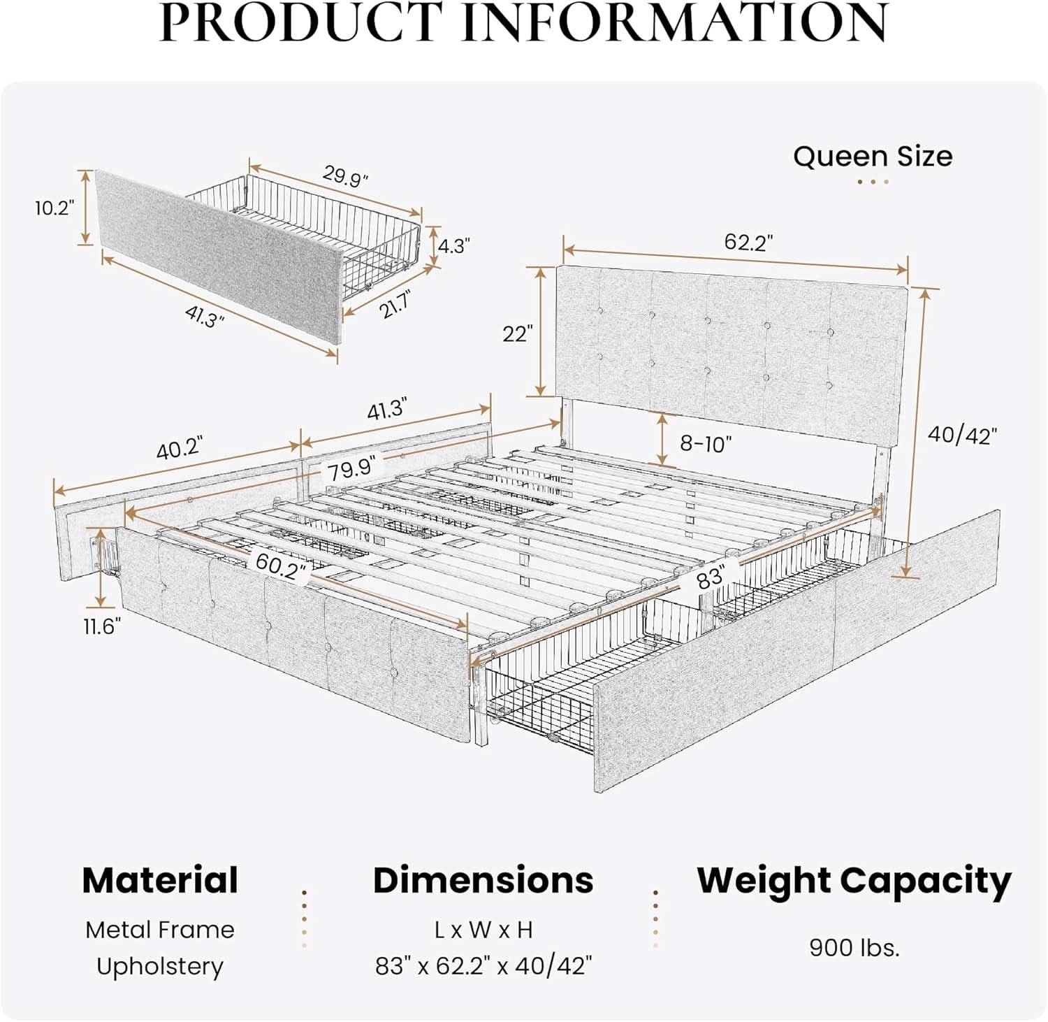 Upholstered Queen Platform Bed Frame With 4 Storage Drawers