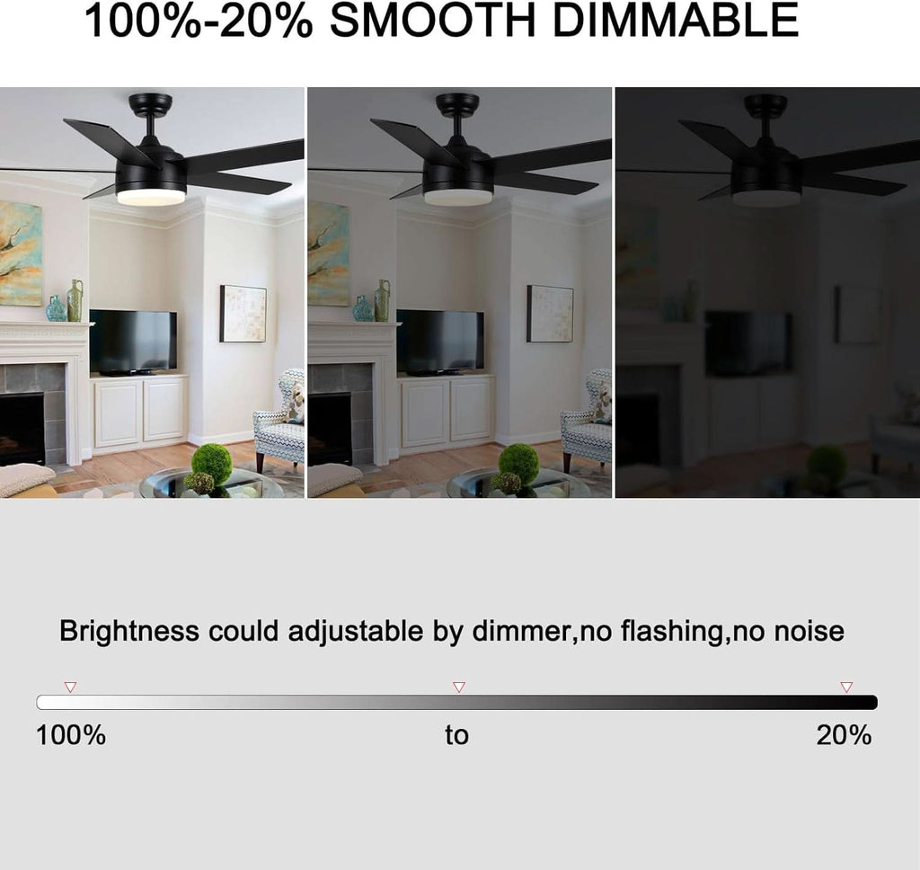 52 Inch Black Ceiling Fan With Dimmable 3 Color LED Lights And Remote
