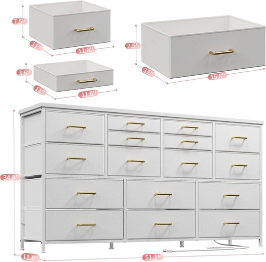 White Dresser TV Stand With Power Outlet And USB 51In Wide