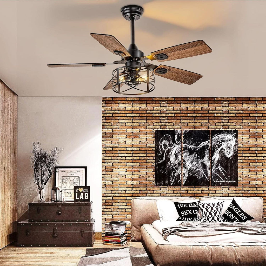 42 Inch Farmhouse Cage Ceiling Fan With Remote E26 Bulbs
