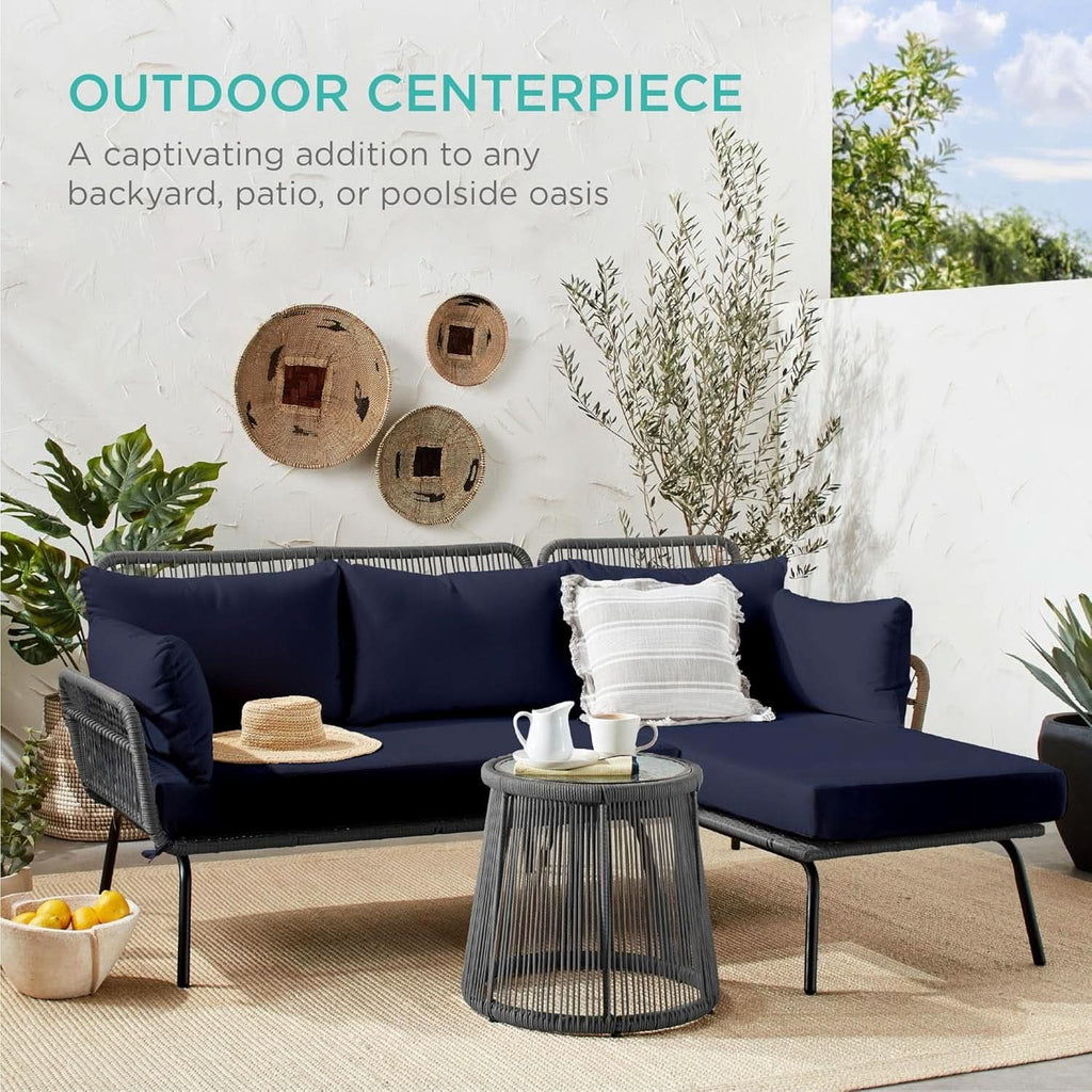 Outdoor Rope Woven Sectional Sofa Gray Navy Cushions