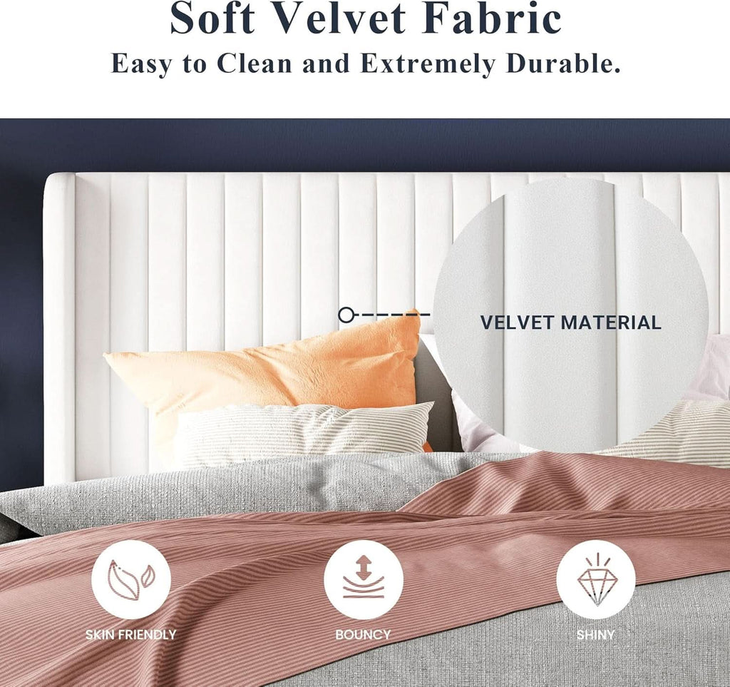 White Velvet Full Bed Frame With Wingback Tufted Headboard